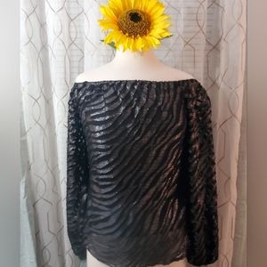 NWT White House Black Market XS Black Silver Print Off or On Shoulder Top.